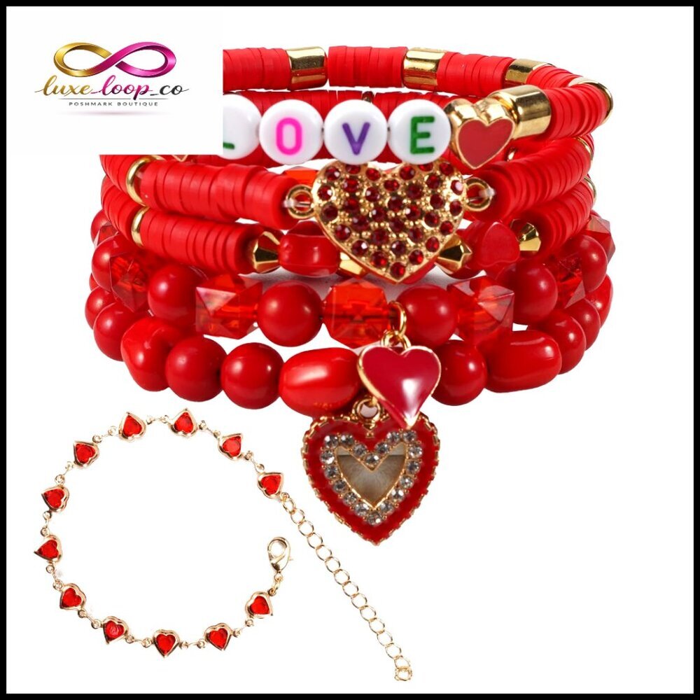 Stackable Stretch Bracelet Set with Love Charms, 6-Layer Boho Style